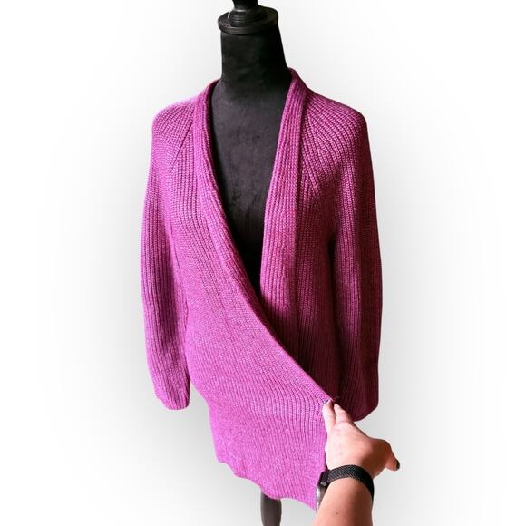 NWT Loft Berry Pink Open Front Chunky Knit Shawl Collar Cardigan Sweater Size L - Picture 9 of 16